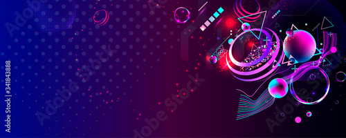 Poster horizontal space background star vector universal. Flat galaxy with abstract shape and planets futuristic wallpaper. Vector stock illustration