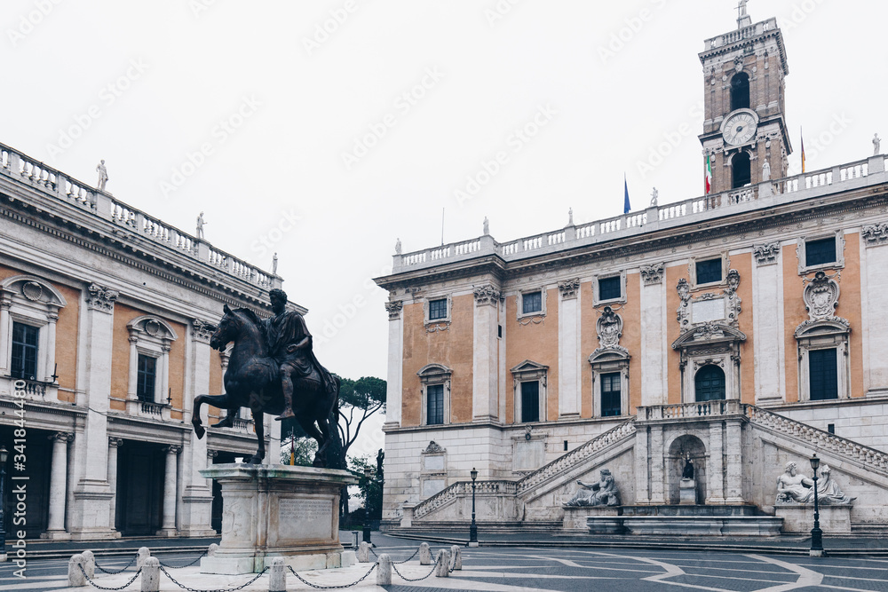 Piazza del Campidoglio, on the top of Capitoline Hill, with Palazzo Senatorio and the equestrian statue of Marcus Aurelius.