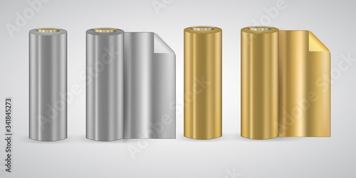 Silver and golden rolls of foil vector 3d set isolated on white background. Cooking food, electrical engineering and pharmaceuticals material, keeping constant tempreture and protecting from burning.