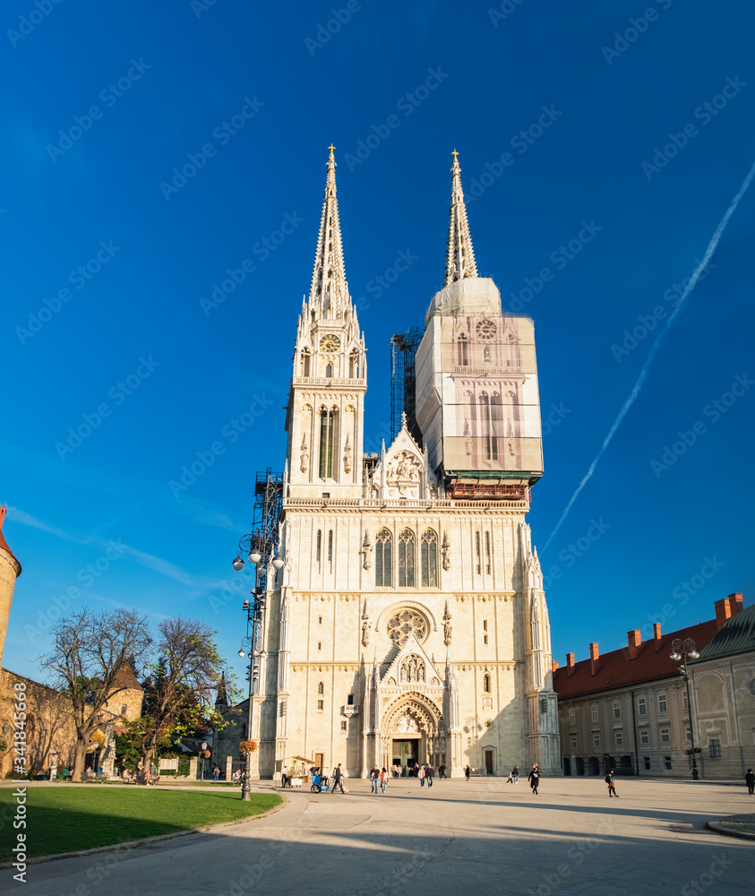 Old town architecture and famous restored Cathedral of Zagreb in Croatian Zagreb city, Croatia. Panoramic summer view