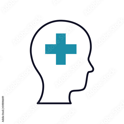 Mental health concept, head with medical cross icon, half line half color style
