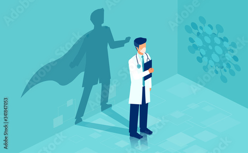 Vector of a brave doctor with a super hero shadow. © pathdoc