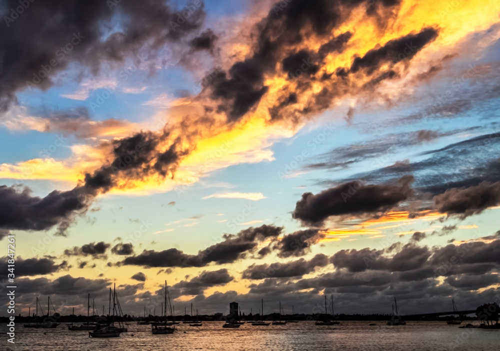 sunset over the bay, sky, sun, sea, marina, boats, horizon, dusk, yellow, blue, reflection, 
