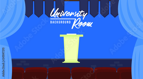 Empty Stage with podium in University Auditorium. Flat Vector Illustration. Blue Design Background. Web vector illustration. Vector Background.