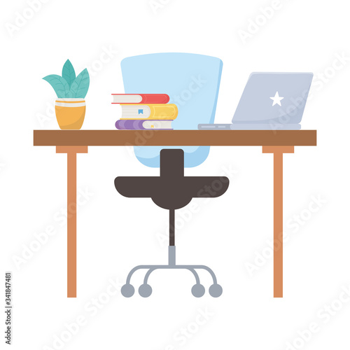 Isolated office chair desk books plant and laptop vector design