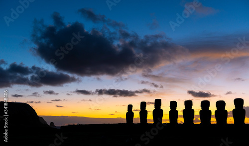 Ahu Tongariki at sunrise, Rapa Nui (Easter Island), Chile.  photo