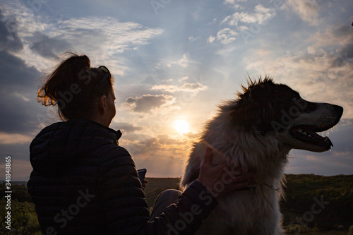 silhouette of woman and dog head at sunset pet teraphy photo