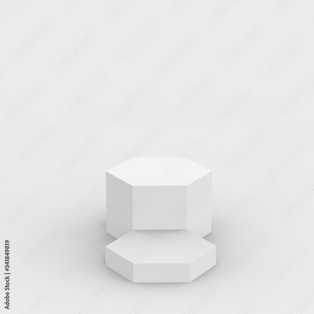 3d white gray hexagon podium minimal studio background. Abstract 3d geometric shape object illustration render. Display for cosmetics and beauty fashion product. 3d white gray hexagon podium minimal studio background. Abstract 3d geometric shape object illustration render. Display for cosmetics and beauty fashion product.