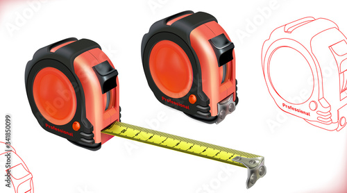 Realistic Tape measure isolated on white background. Photo-realistic roulette construction tool isometric. Length measuring. Design case in red-black version. Vector illustration.