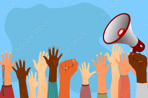Raised hands, struggle for human rights, protests. Unemployment and crisis.