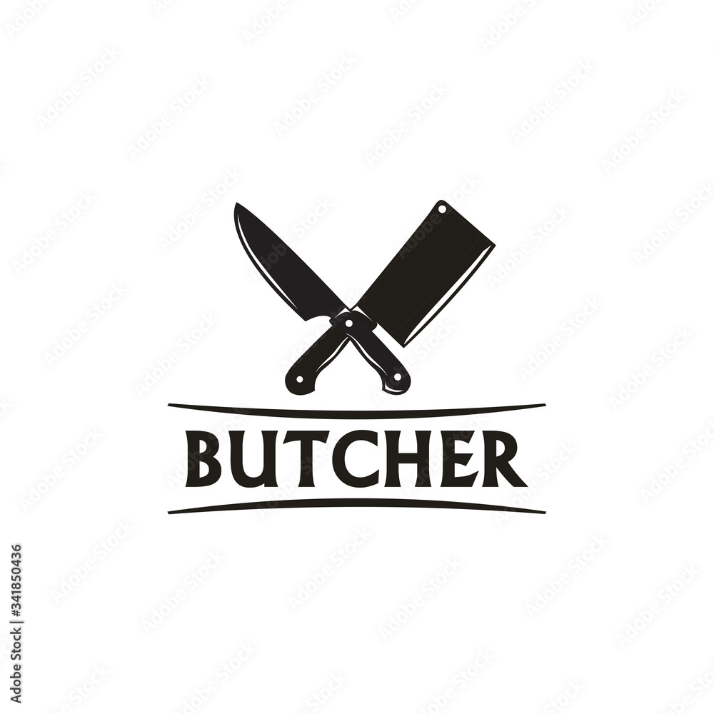 Vetor de Vintage Retro Butcher shop label logo design with crossed