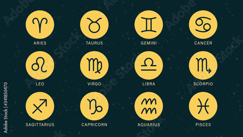 Detailed flat vector set of the zodiac horoscope signs as round symbols on top of a dimmed semi-accurate star map. Feel free to use only parts of the illustration too.