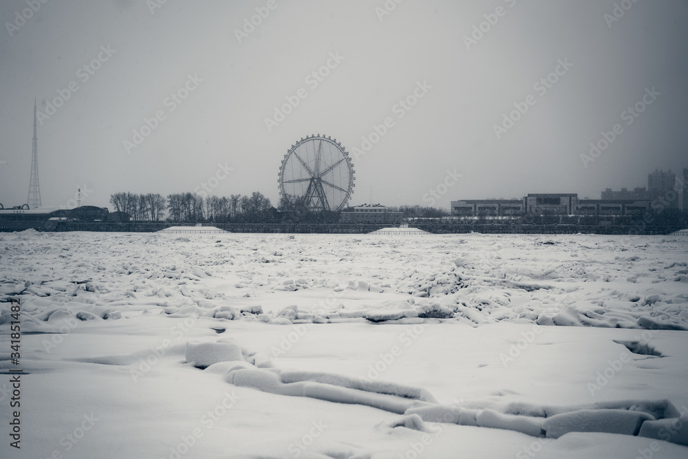 Riverside in Blagoveshchensk in a blizzard