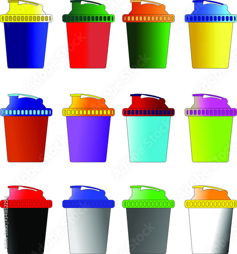 a set of shakers for sports nutrition of different colors