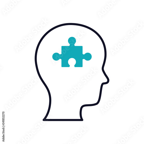 Mental health concept, jigsaw piece inside human head icon, half line half color style