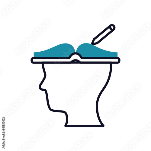 Mental health concept, book and pencil on human head icon, half line half color style