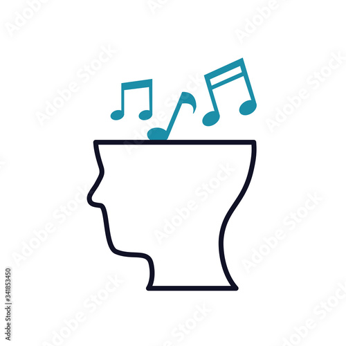mental health concept, musical notes on head icon, half line half color style