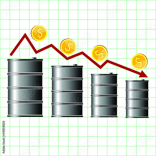 Flat vector illustration of crude oil price crisis graphic design with stack of oil barrel. Stock market price graph going down and plummet. Global economic problem concept.