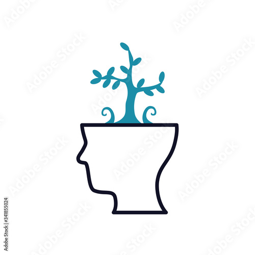 Mental health concept, human head with plant growing icon, half line half color style