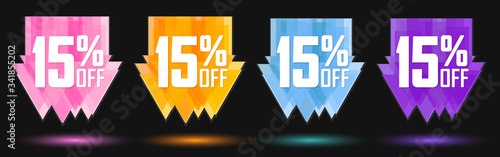 Set Sale 15% off banners, discount tags design template, promo app icons, vector illustration