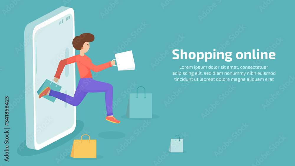 Woman run shopping online in smartphone mobile. vector illustration. Woman run shopping online in smartphone mobile. vector illustration.
