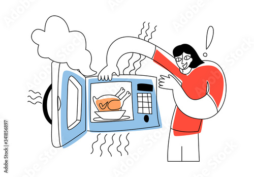 Vector flat illustration young happy man who takes ready made chicken out of microwave. Concept cooking with microwave.