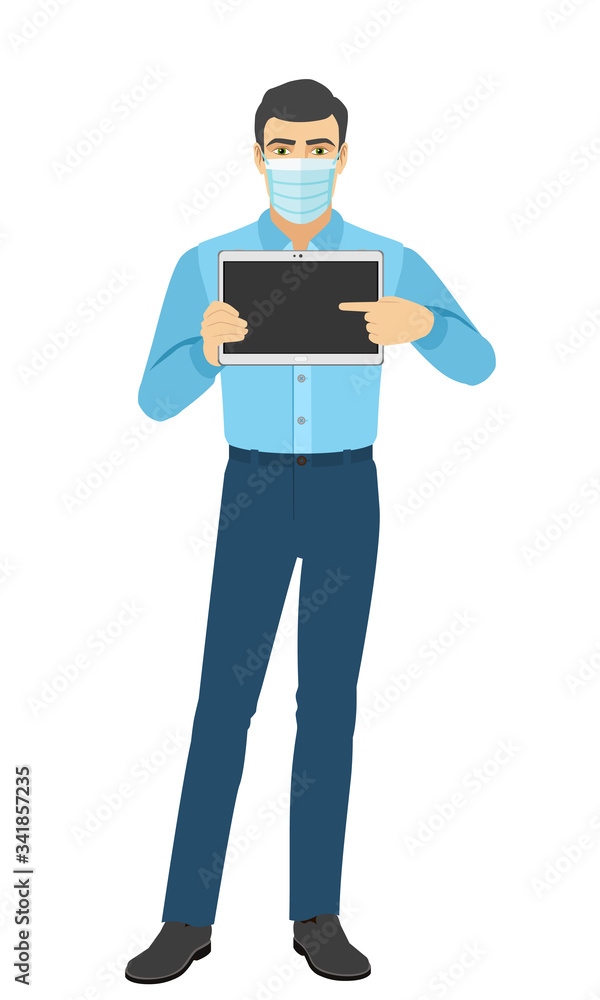 Man in medical mask pointing at digital tablet PC. Portrait of man in a flat style. Man in medical mask pointing at digital tablet PC. Portrait of man in a flat style.