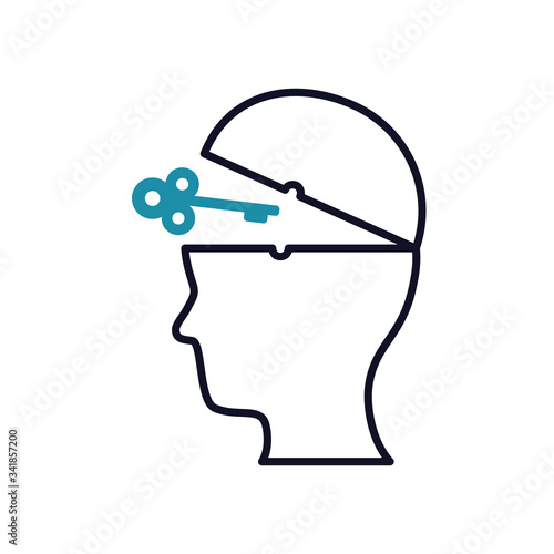 mental health concept, opened human head and vintage key, half line half color style