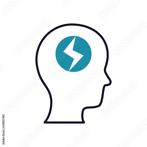 mental health concept, head with thunder icon, half line half color style