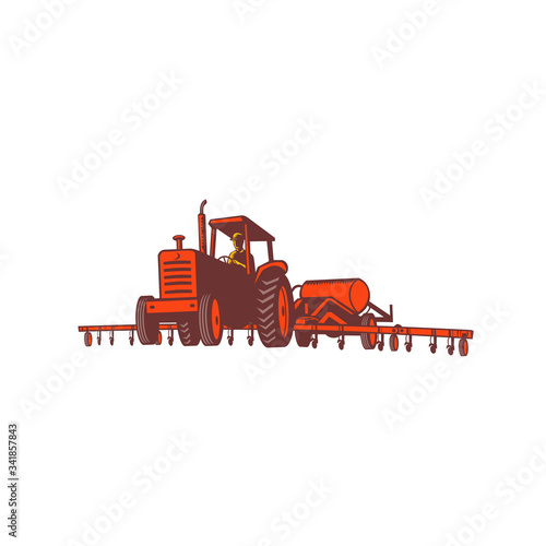 Retro style illustration of farm tractor pulling an anhydrous ammonia or nitrogen tank and fertilizer applicator applying the anhydrous to a field on isolated background.