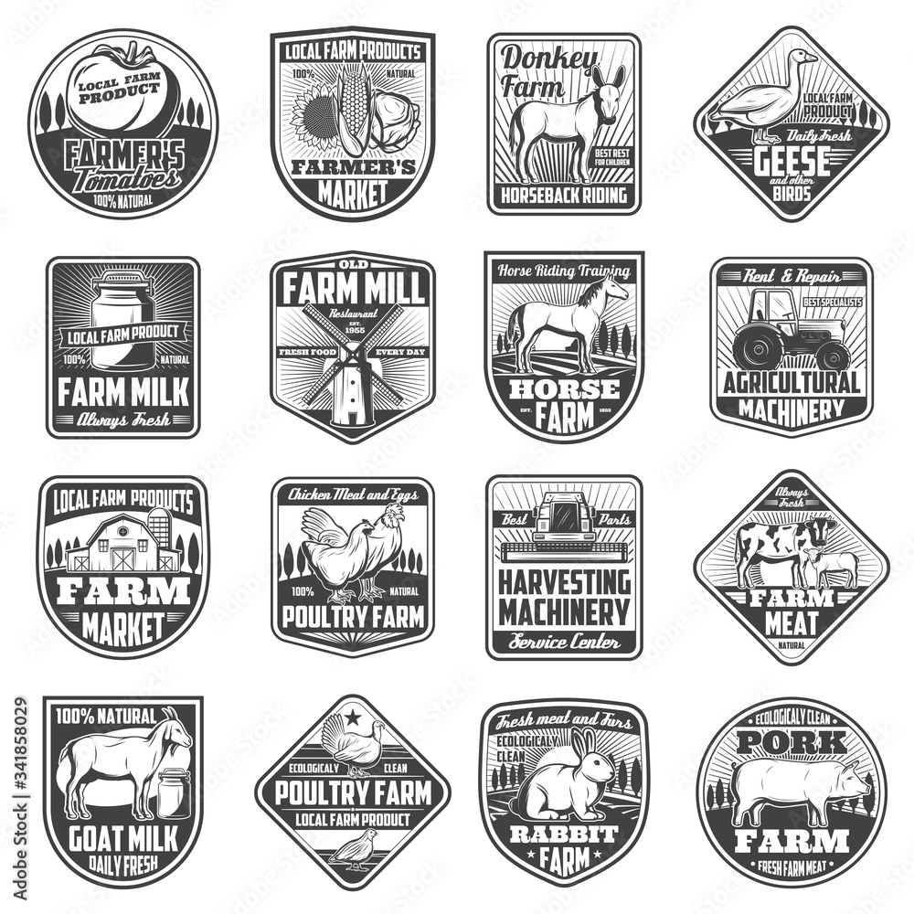 Obraz premium Farming agriculture, poultry and cattle farm vector icons. Agricultural harvesting machinery, organic dairy and vegetable products, natural meat of cow, rabbit, and pork, farmer market signs