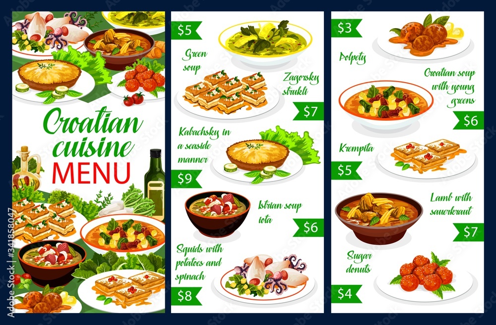 Croatian cuisine, restaurant menu and traditional Southeast Europe food. Croatian national meals and dishes green soup, polpety and kremptia, lamb with sauerkraut and squids with potatoes and spinach Croatian cuisine, restaurant menu and traditional Southeast Europe food. Croatian national meals and dishes green soup, polpety and kremptia, lamb with sauerkraut and squids with potatoes and spinach