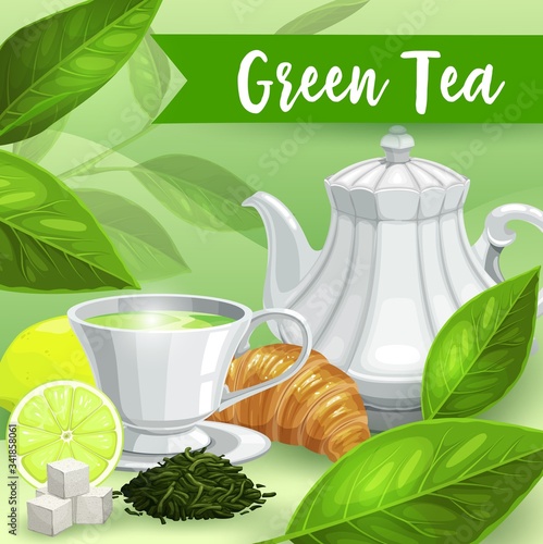 Green tea, vector poster, herbal tea in porcelain cup with lemon or lime and croissant. Premium drink green tea shop, herb brew infusion with sugar cubes for package box design