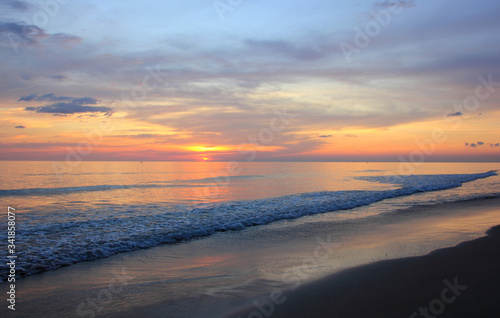 Sea or beach on twilight sky and on the sunset for background.