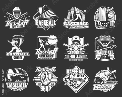 Baseball championship cup and sport fan club vector icons. Softball game school team or university league badge emblems with baseball bat and ball, professional player and batter equipment