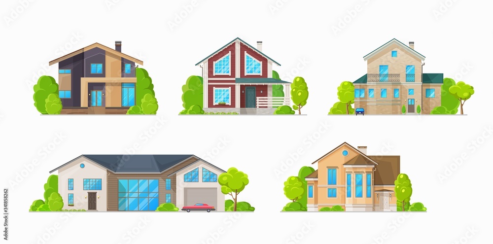 Houses and residential buildings, real estate vector icons. Family house and mansions, duplex apartments and townhouse villas, city private property and town architecture Houses and residential buildings, real estate vector icons. Family house and mansions, duplex apartments and townhouse villas, city private property and town architecture