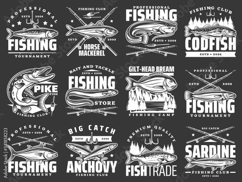 Fishing club badges, big fish catch tournaments and fishery market vector icons. Fisherman rod, hook and lures for river pike, ocean horse mackerel, tuna and bream, sardine and anchovy fishing