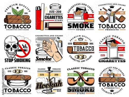 Cigars and cigarettes tobacco shop icons, hookah lounge bar vector sign. Stop smoking skull warning sign, premium quality Havana cigars and tobacco leaves for smoke pipe, lighter, ashtray and matches