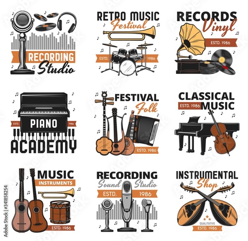 Music instrument sand vinyl records shop, vector icons. Folk and classic orchestra music festival, sound recording studio label, piano play school and instrumental music store signs,