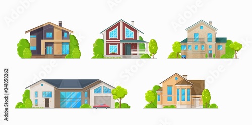 Houses and residential buildings  real estate vector icons. Family house and mansions  duplex apartments and townhouse villas  city private property and town architecture