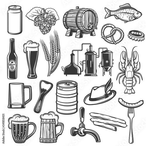 Oktoberfest German beer festival vector icons of food and traditional symbols. Bavarian craft beer in wooden barrel, bottle opener and Tyrolean hat, pint mug with froth and bratwurst sausage