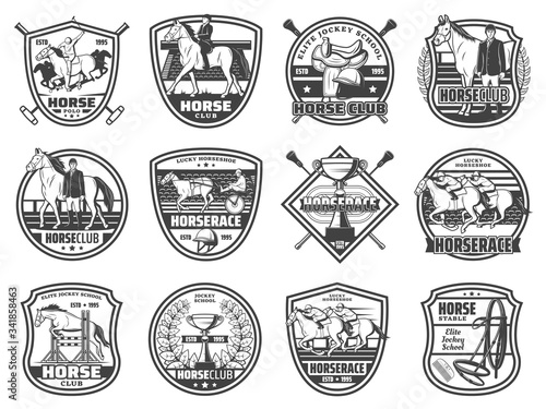 Equestrian sport, horse races and polo club, vector badges and emblems. Equine racing and jockey rider equipment, harness and saddle, whip and championship victory cup