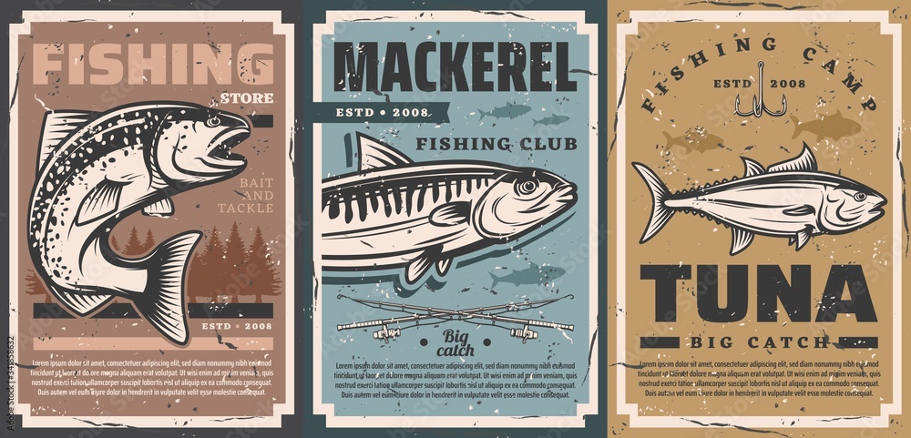 Fishing camp club and fisher equipment store vector vintage retro
