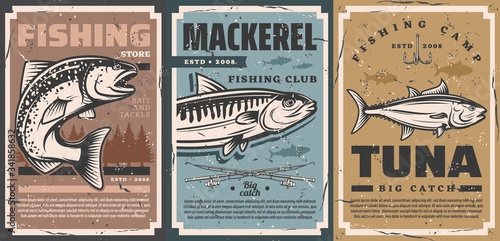 Fishing camp club and fisher equipment store vector vintage retro posters. Fishing rods and lures hooks for river pike, ocean tuna and sea mackerel big fish catch