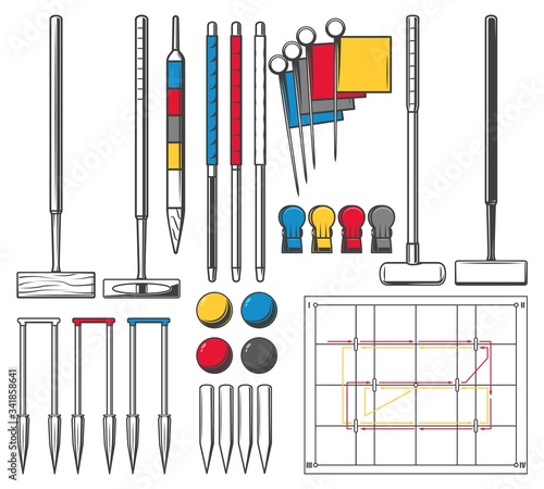 Croquet game equipment, vector icons. Croquet sport club team accessory balls and wooden mallet, score flags, hoops, pins and players court field