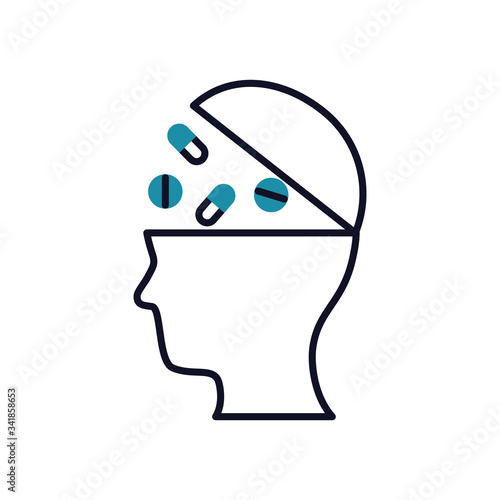 Mental health concept, head with pills falling inside over white background, half line half color style