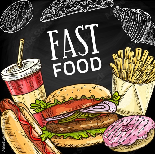 Fast food chalk sketch poster, fastfood bistro burger, sandwich snacks and desserts, takeaway and delivery vector menu. Cheeseburger, hamburger, hot dog and potato fries, ice cream, donut and pizza