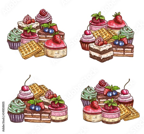 Desserts and cakes, vector sketch bakery, pastry and confectionery sweets. Patisserie food tarts and cupcakes with berry toppings, waffles and cream muffins, chocolate brownie, tiramisu and cheesecake