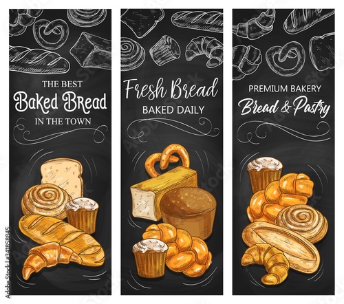 Bakery bread, vector chalk sketch banners, patisserie buns and pastry products. Baker shop wheat and rye bread loaf, bagels and buns, croissant, pretzel and sweet roll with cupcake