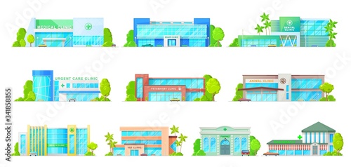 Pharmacy buildings, medical and veterinary clinics isolated vector icons. Cartoon modern hospitals, urgent care, dental and animal clinics design, exterior front view with glass windows buildings set